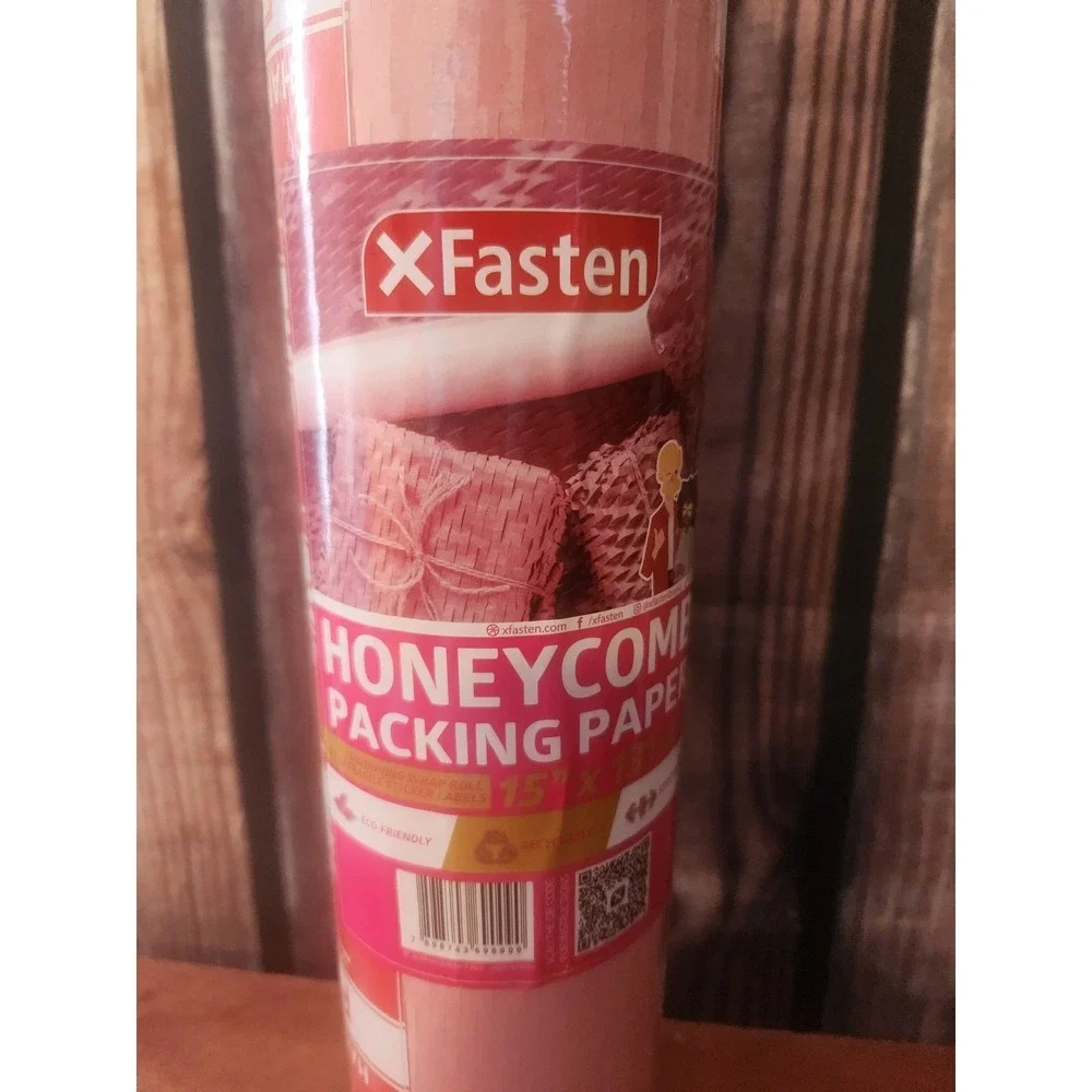 XFasten Pink Honeycomb Packing Paper 15 Inch x 131 Foot Roll w/ Fragile Stickers